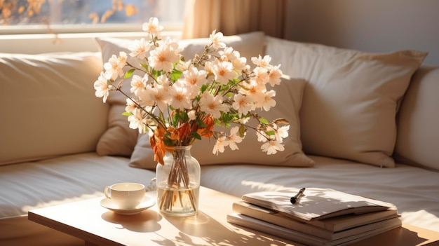 un jarrón de flores se sienta en una mesa de café junto a un libro y un libro.