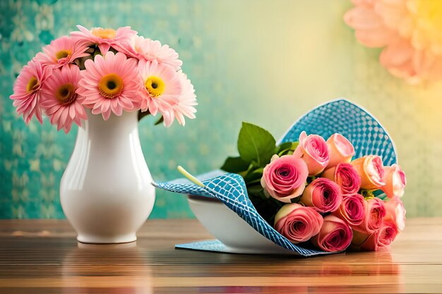 Un jarrón de flores se sienta en una mesa con un jarrón de flores en él.