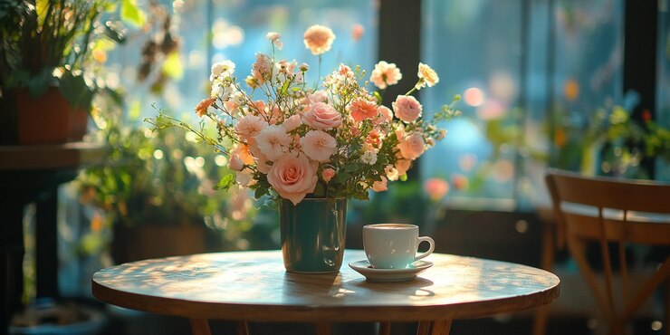 un jarrón de flores se sienta en una mesa junto a una taza de café