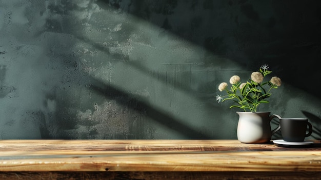 un jarrón de flores se sienta en una mesa de madera con un fondo oscuro