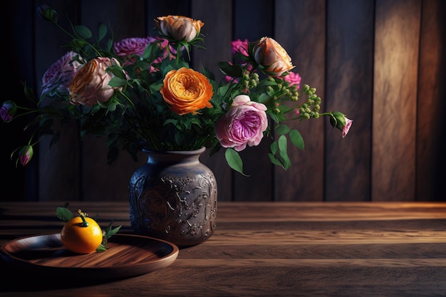 Un jarrón de flores se sienta en una mesa de madera con una fruta sobre la mesa.