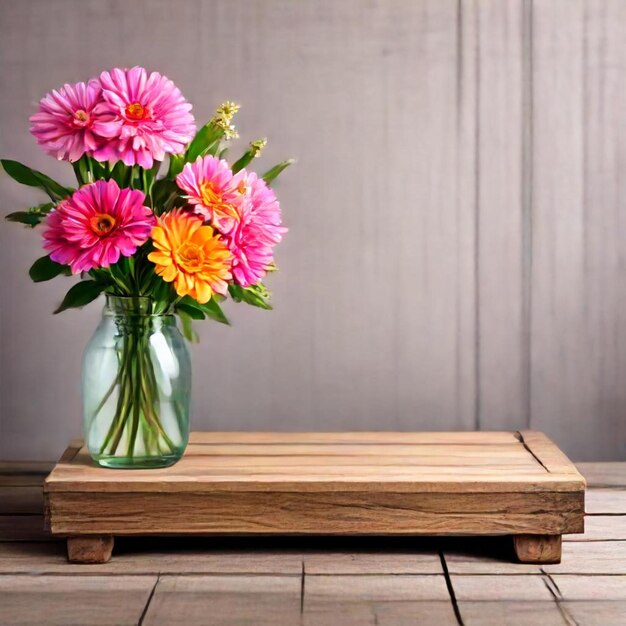 Foto un jarrón de flores se sienta en una mesa de madera