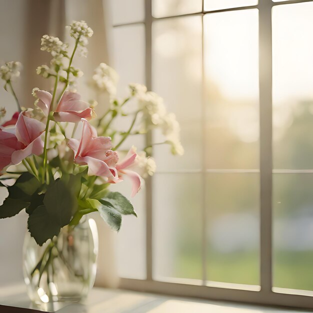 un jarrón de flores se sienta en un umbral de la ventana con una ventana en el fondo