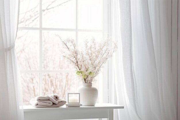 un jarrón con flores sobre una mesa cerca de una ventana