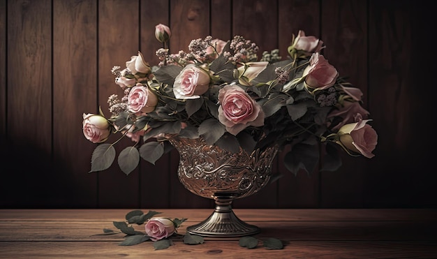 Un jarrón de flores sobre una mesa de madera con un fondo oscuro.