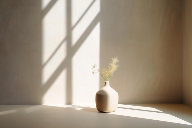 Un jarrón con flores sobre una mesa con el sol brillando a través de la ventana.