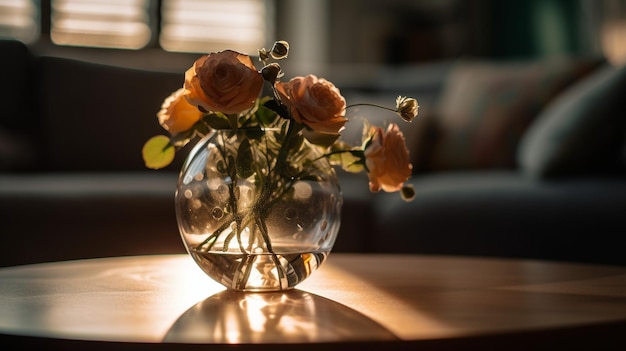 Un jarrón de flores sobre una mesa con el sol brillando a través de la ventana