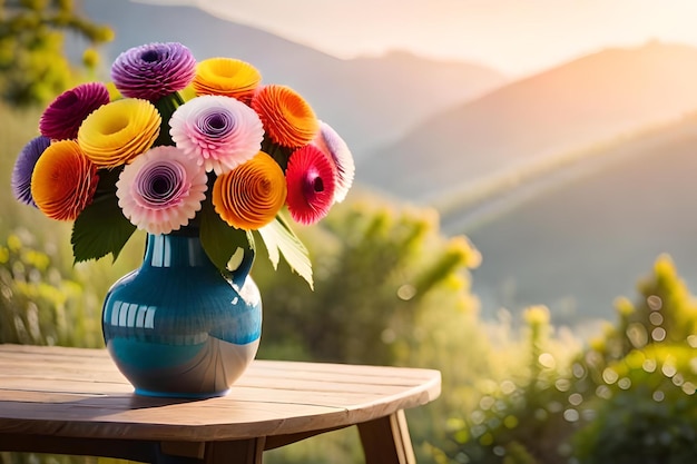 Foto un jarrón con flores sobre una mesa y el sol detrás