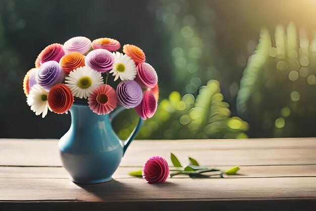 Un jarrón de flores con el sol detrás de ellas.