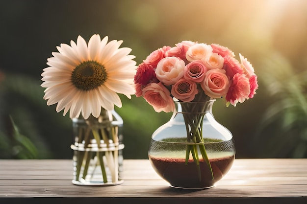 Un jarrón de flores con el sol detrás de ellas.