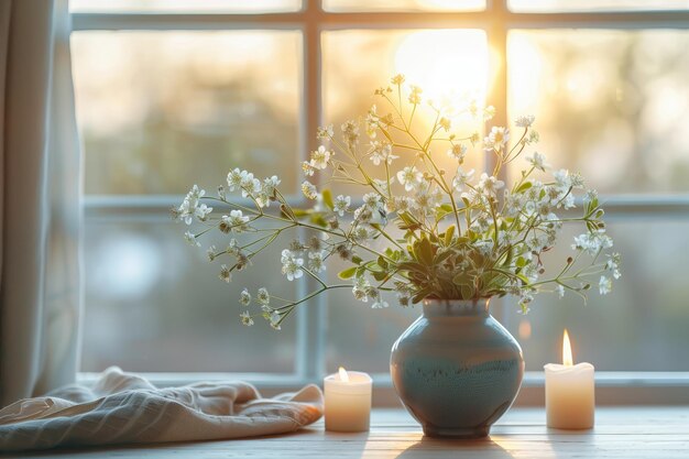 un jarrón con flores y velas delante de una ventana