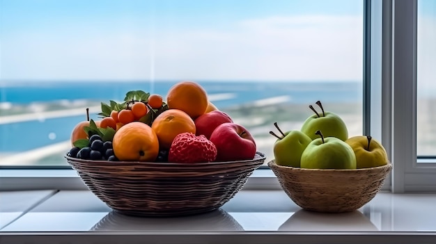 jarrón de frutas tropicales frescas en la mesa de madera allí