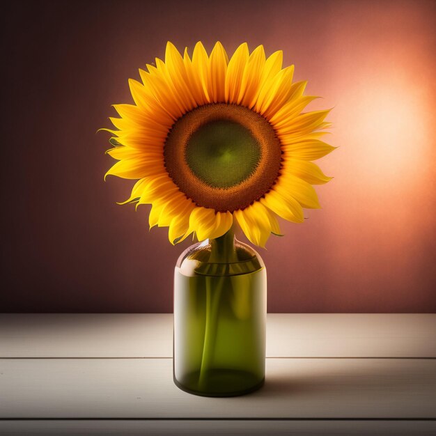 Un jarrón con un girasol está sobre una mesa.