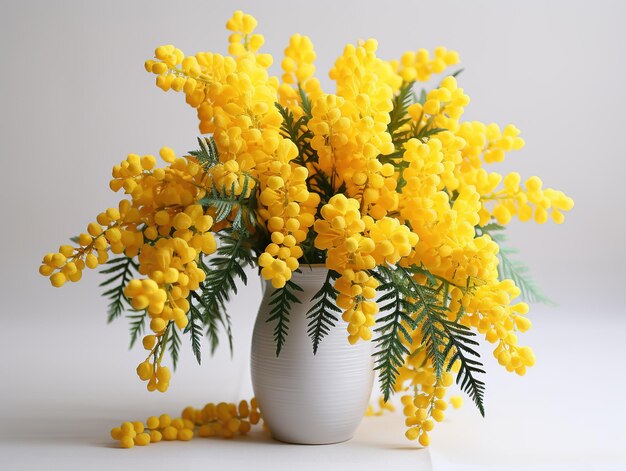 Un jarrón con hermosas flores de mimosa en la mesa