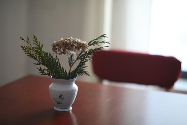 Jarrón de jarra blanca de decoración suave para el hogar con flores sobre un fondo oscuro de mesa vintage Detalles interiores acogedores