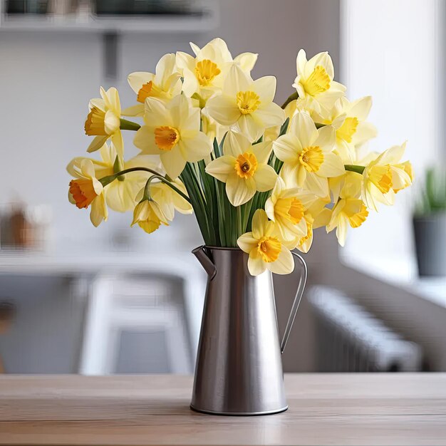 Un jarrón lleno de flores amarillas en la parte superior de una mesa de madera