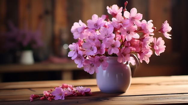 un jarrón lleno de flores de color púrpura encima de una mesa de madera