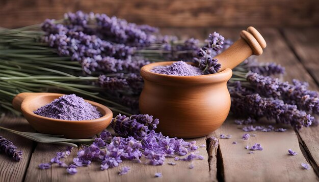 un jarrón de madera con flores de lavanda en el lado