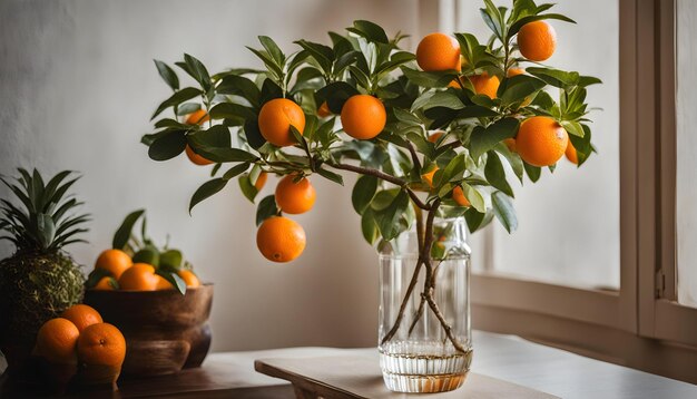 un jarrón con naranjas y hojas verdes en una mesa