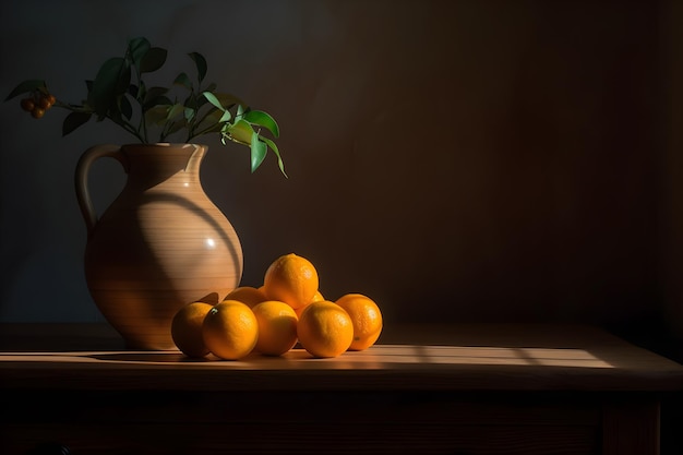 Un jarrón con naranjas y una planta encima.