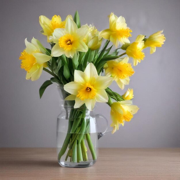 un jarrón de narcisos amarillos con un fondo gris