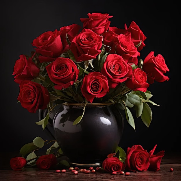 Un jarrón negro lleno de rosas rojas en la parte superior de una mesa