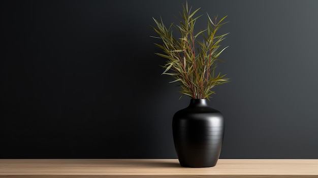 Un jarrón negro con una planta dentro.