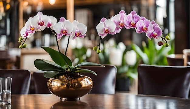 un jarrón de oro con orquídeas púrpuras y blancas en él