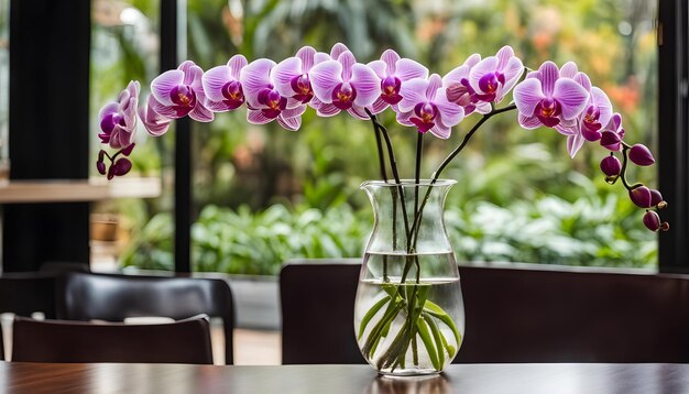 Foto un jarrón de orquídeas con flores púrpuras en él