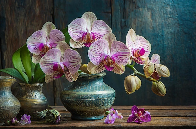 Un jarrón con orquídeas y otros jarrones en una mesa