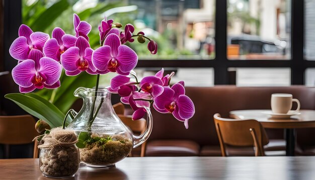 un jarrón con orquídeas púrpuras en él se sienta en una mesa