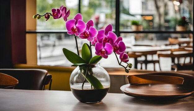 Foto un jarrón con orquídeas púrpuras en una mesa y una ventana detrás de ella