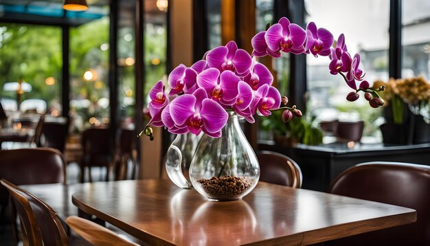 un jarrón con orquídeas púrpuras y una planta en él