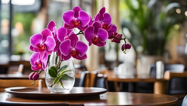 Foto un jarrón con orquídeas púrpuras en él se sienta en una mesa