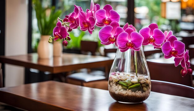 Foto un jarrón con orquídeas púrpuras en él se sienta en una mesa