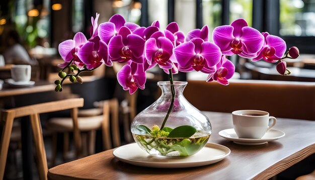 Foto un jarrón con orquídeas púrpuras y una taza de agua en una mesa