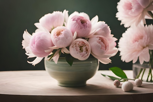 Un jarrón de peonías rosas se sienta sobre una mesa con un fondo verde.