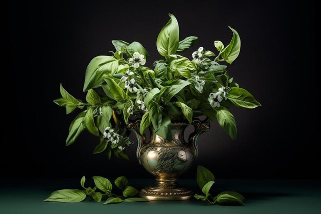 un jarrón con una planta y flores