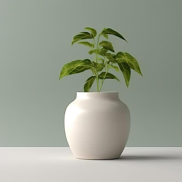 Un jarrón con una planta sobre una mesa blanca.