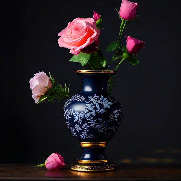 Foto un jarrón de porcelana de rosa en una mesa de madera negra descarga de imagen hd