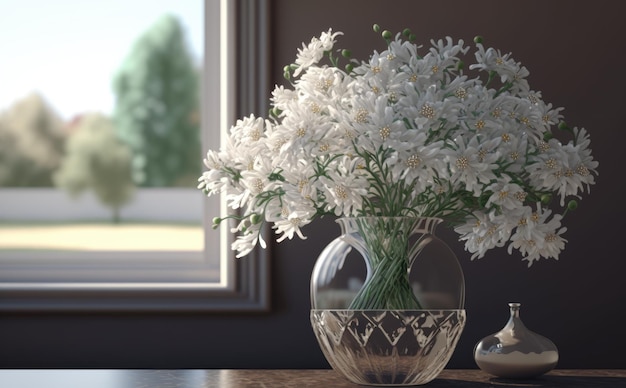 Un jarrón con un ramo de flores blancas está sobre una mesa con una ventana al fondo. IA generado
