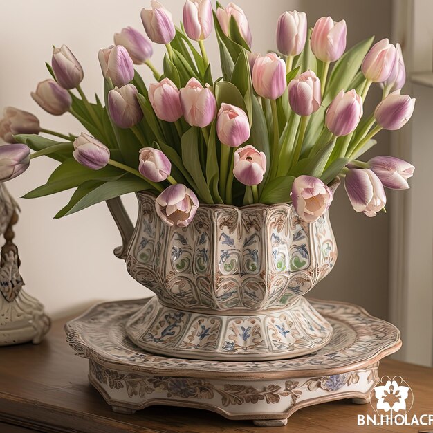 un jarrón con un ramo de flores en él en una mesa