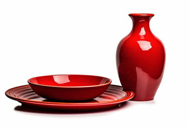 Foto un jarrón rojo y un plato rojo sobre un fondo blanco