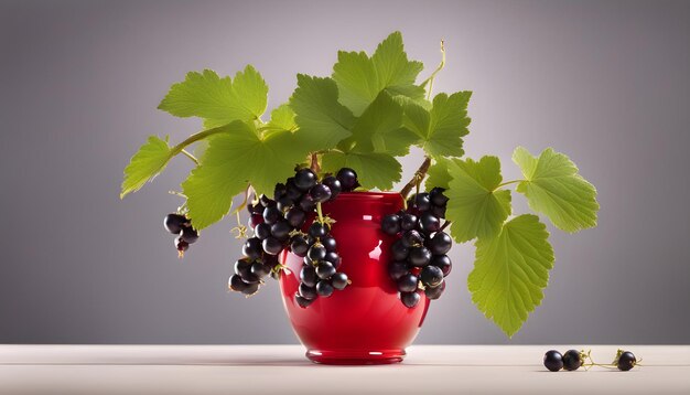 Foto un jarrón rojo con uvas y hojas en una mesa