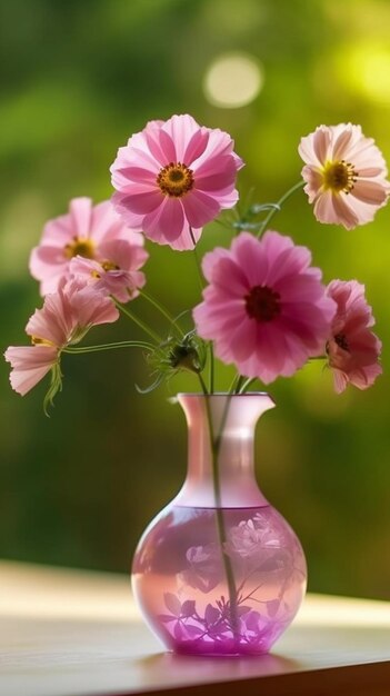 Un jarrón rosa con flores rosas y un fondo verde.