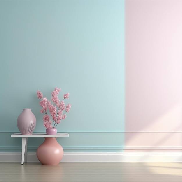 Foto un jarrón rosa con flores rosas sobre una mesa junto a una pared.