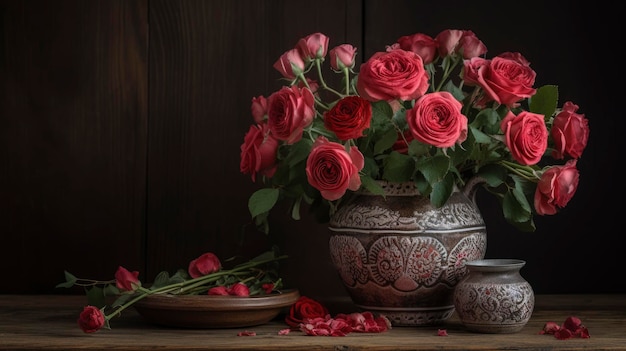 Un jarrón de rosas y un plato de flores.