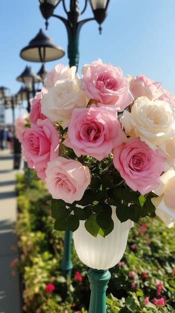 Un jarrón de rosas rosadas y blancas con la palabra "amor" en él.