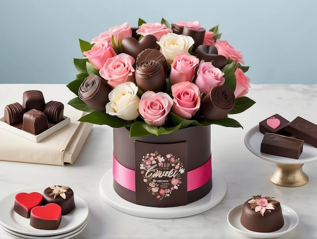 un jarrón de rosas rosas y chocolates en una mesa con otros chocolates