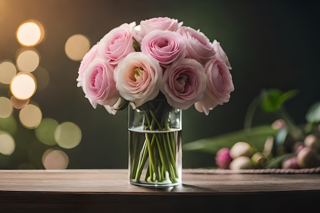 un jarrón de rosas rosas con un fondo verde